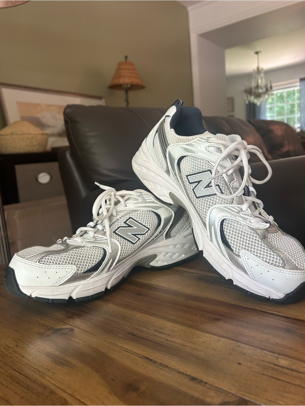 New Balance White and Navy Mesh Running Shoes worn one time